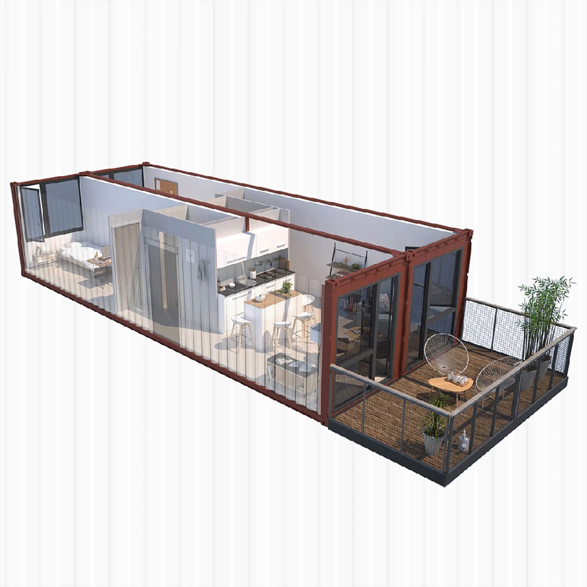3D-Grundriss eines 40 Fuß Wohncontainers mit Küche, Bad und Terrasse